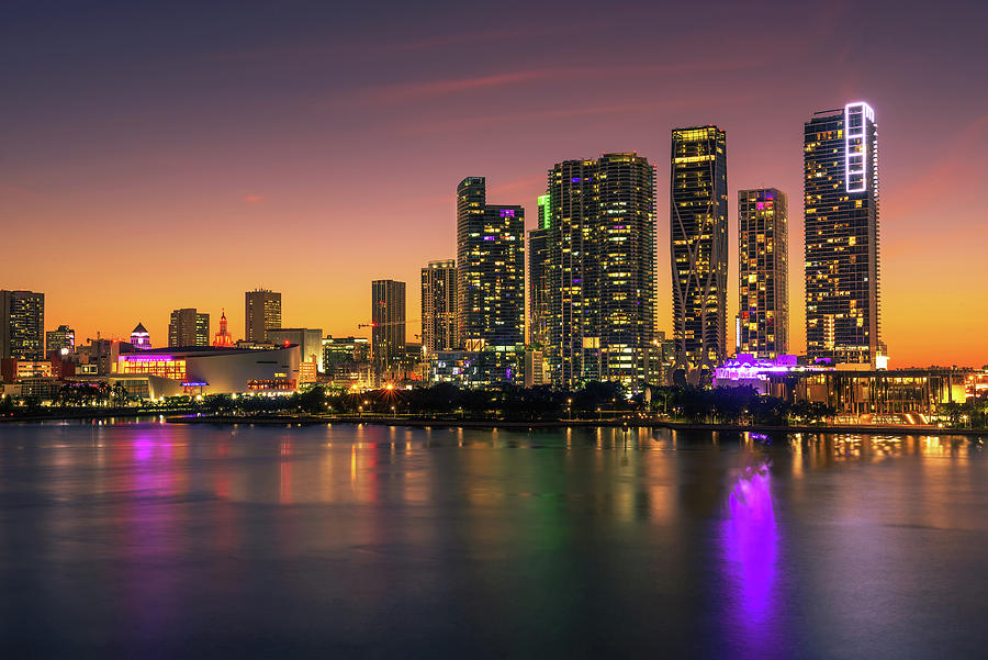 Miami skyline at sunset from Biscayne Bay